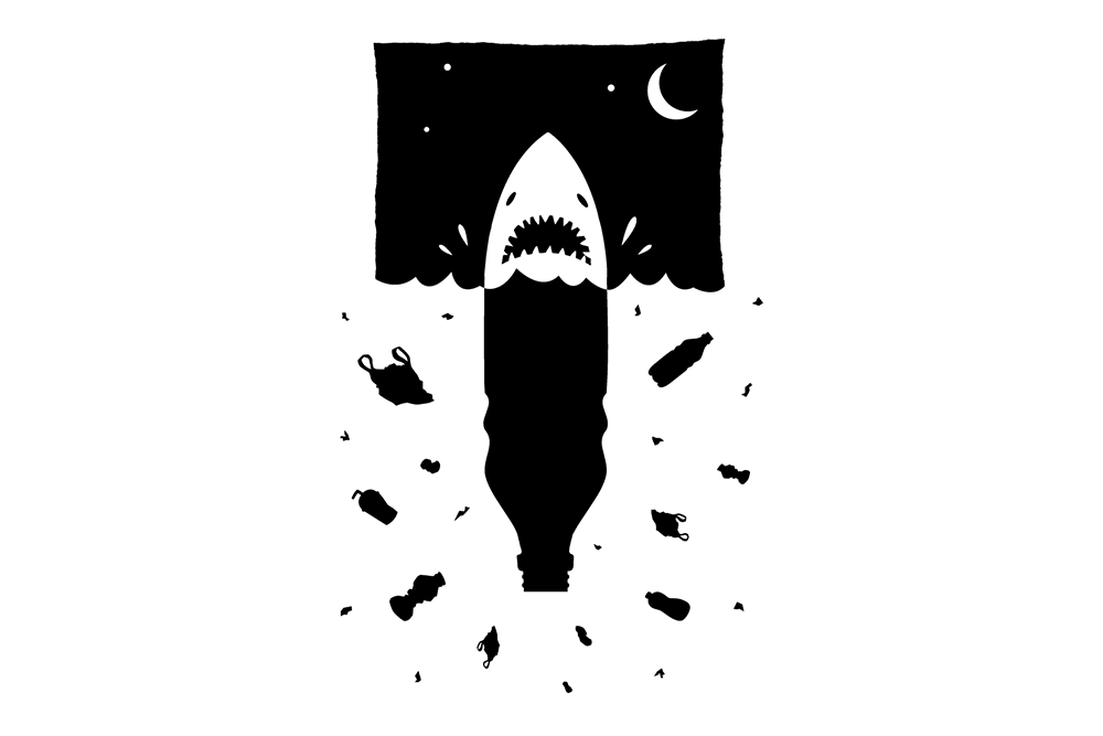 Plastik-Hai — s/w-Illustration zur Plastikverschmutzung