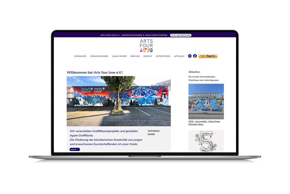 Screenshot der Vereinswebsite artsfourlove.de